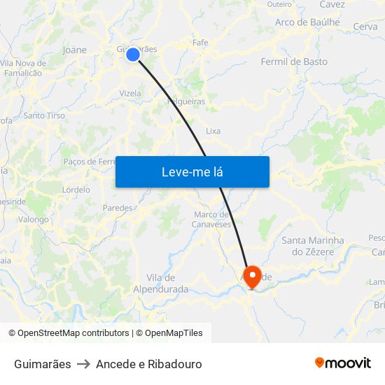 Guimarães to Ancede e Ribadouro map