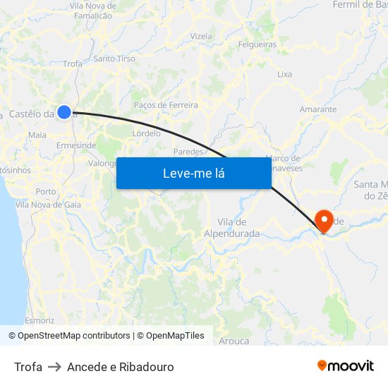 Trofa to Ancede e Ribadouro map
