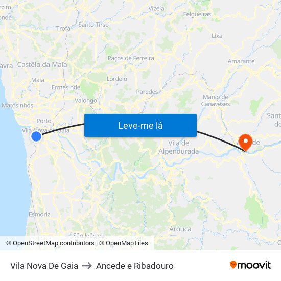 Vila Nova De Gaia to Ancede e Ribadouro map