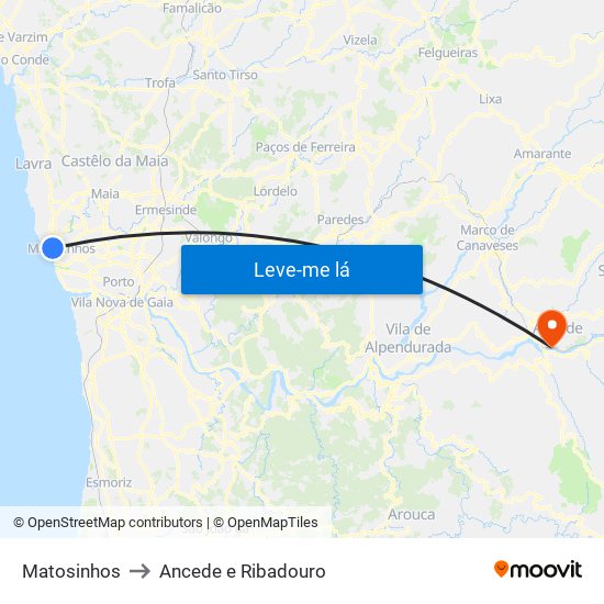 Matosinhos to Ancede e Ribadouro map