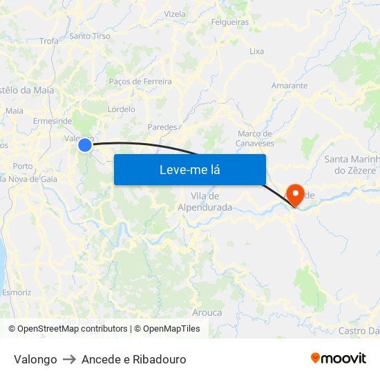 Valongo to Ancede e Ribadouro map