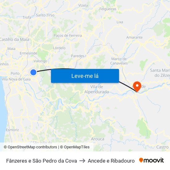 Fânzeres e São Pedro da Cova to Ancede e Ribadouro map