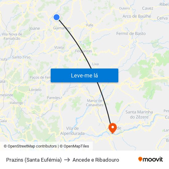 Prazins (Santa Eufémia) to Ancede e Ribadouro map