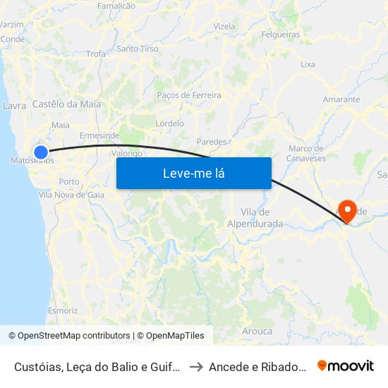 Custóias, Leça do Balio e Guifões to Ancede e Ribadouro map