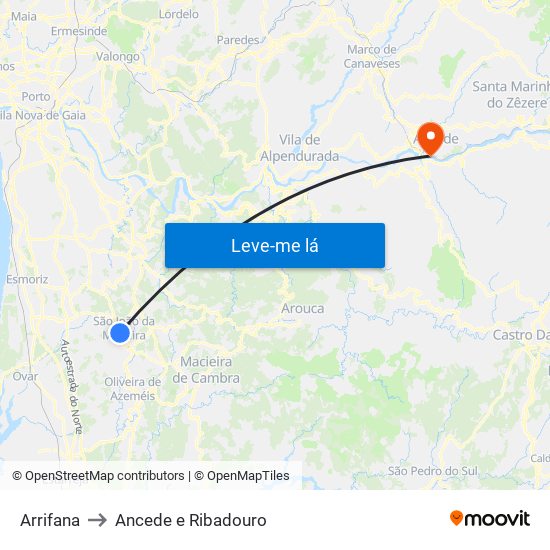 Arrifana to Ancede e Ribadouro map