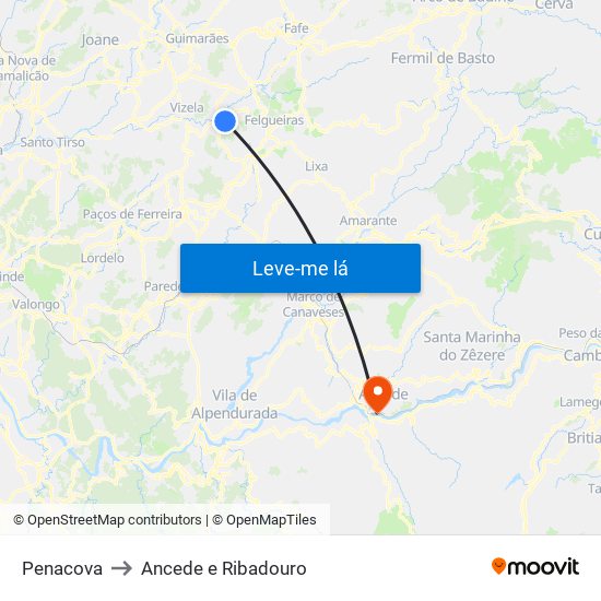 Penacova to Ancede e Ribadouro map