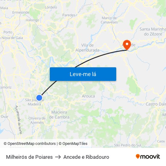 Milheirós de Poiares to Ancede e Ribadouro map