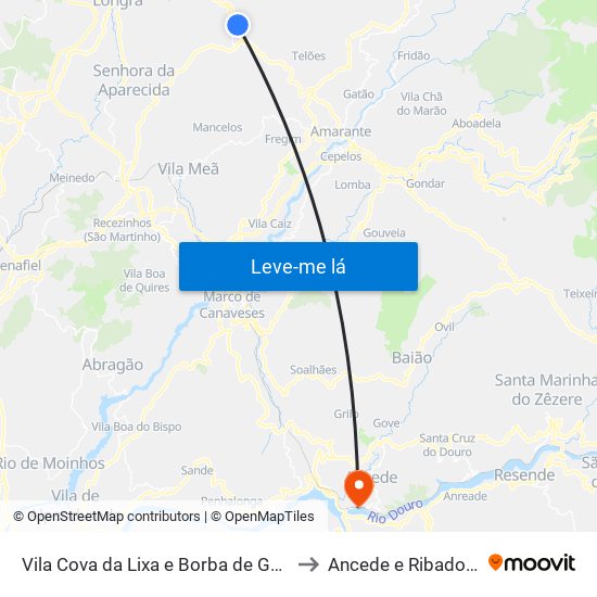 Vila Cova da Lixa e Borba de Godim to Ancede e Ribadouro map