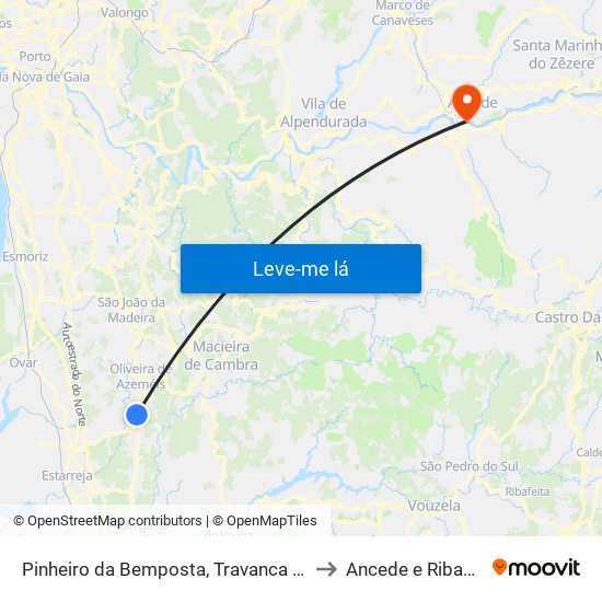 Pinheiro da Bemposta, Travanca e Palmaz to Ancede e Ribadouro map