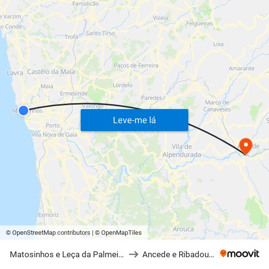 Matosinhos e Leça da Palmeira to Ancede e Ribadouro map