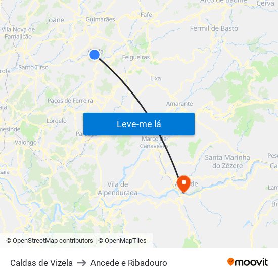Caldas de Vizela to Ancede e Ribadouro map