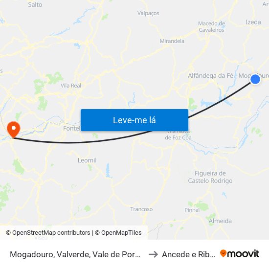 Mogadouro, Valverde, Vale de Porco e Vilar de Rei to Ancede e Ribadouro map