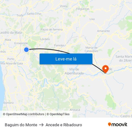 Baguim do Monte to Ancede e Ribadouro map