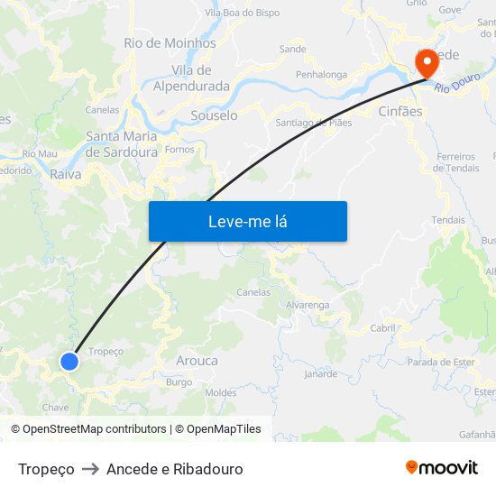 Tropeço to Ancede e Ribadouro map