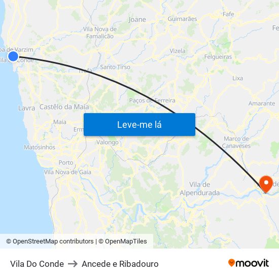 Vila Do Conde to Ancede e Ribadouro map