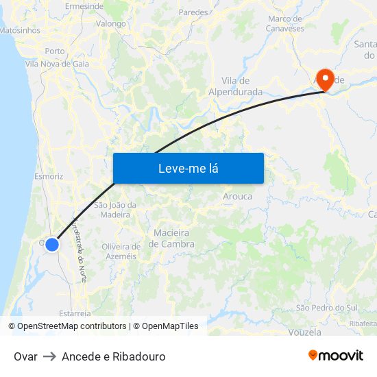 Ovar to Ancede e Ribadouro map