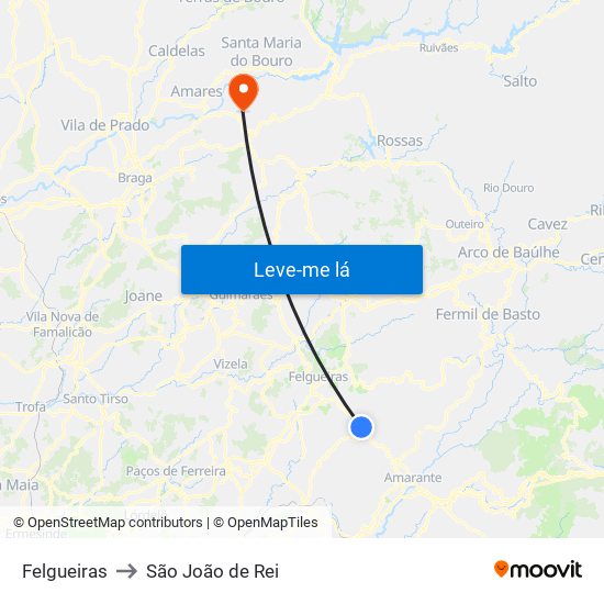Felgueiras to São João de Rei map