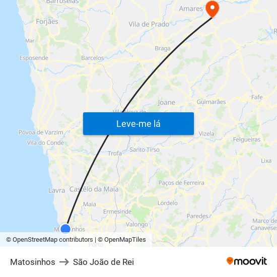 Matosinhos to São João de Rei map