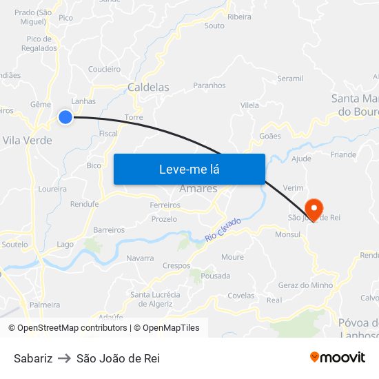 Sabariz to São João de Rei map