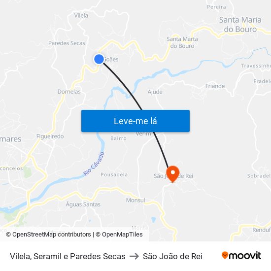 Vilela, Seramil e Paredes Secas to São João de Rei map