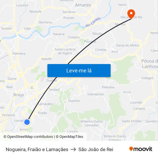 Nogueira, Fraião e Lamaçães to São João de Rei map