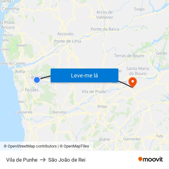 Vila de Punhe to São João de Rei map