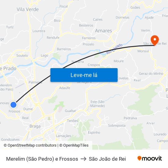 Merelim (São Pedro) e Frossos to São João de Rei map