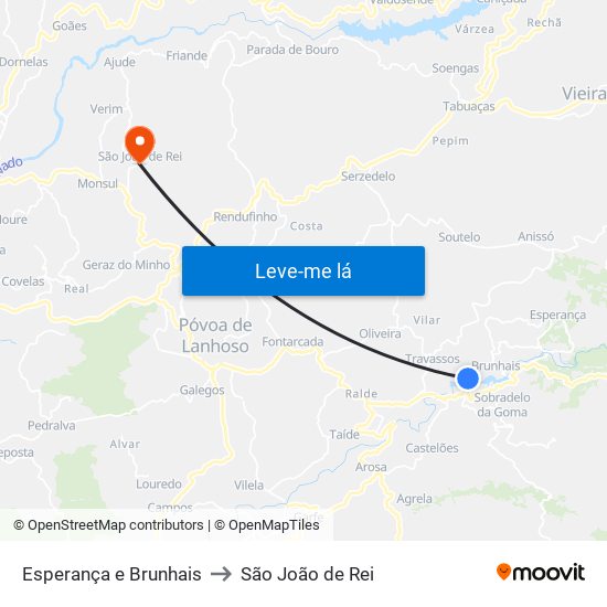 Esperança e Brunhais to São João de Rei map