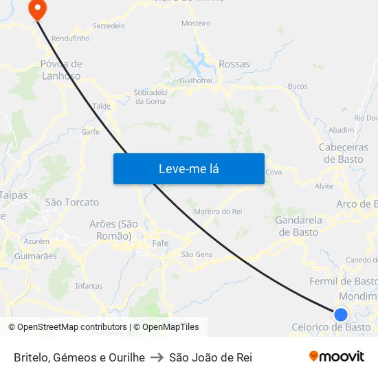 Britelo, Gémeos e Ourilhe to São João de Rei map