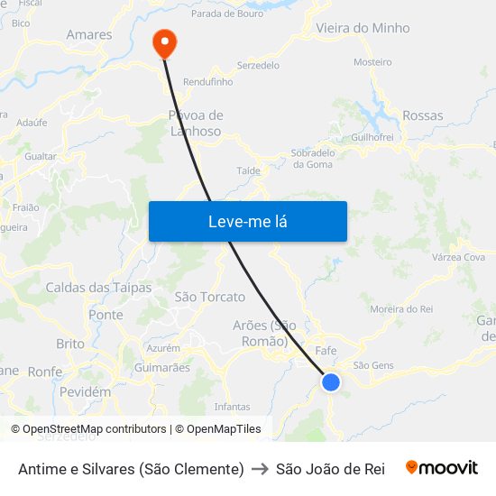 Antime e Silvares (São Clemente) to São João de Rei map