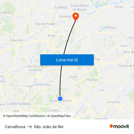 Carvalhosa to São João de Rei map