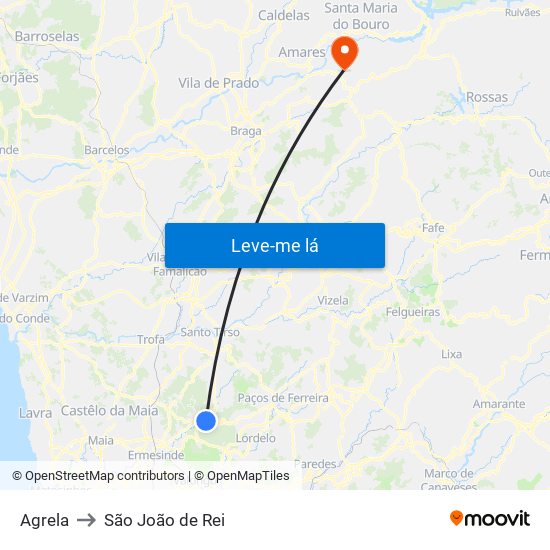 Agrela to São João de Rei map