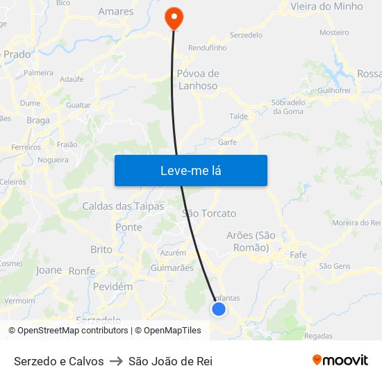 Serzedo e Calvos to São João de Rei map