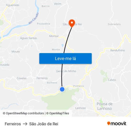 Ferreiros to São João de Rei map