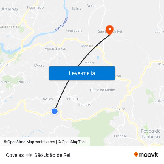 Covelas to São João de Rei map