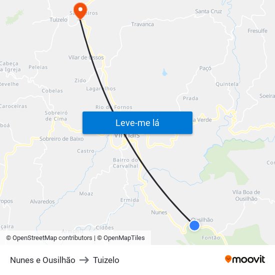Nunes e Ousilhão to Tuizelo map