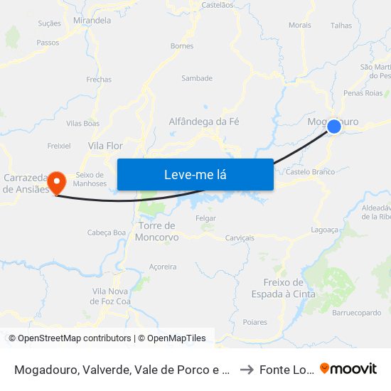 Mogadouro, Valverde, Vale de Porco e Vilar de Rei to Fonte Longa map