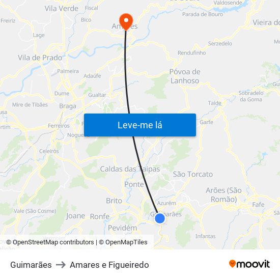 Guimarães to Amares e Figueiredo map
