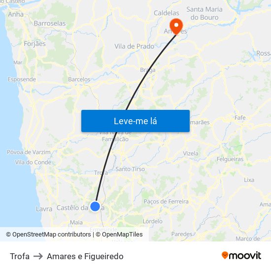 Trofa to Amares e Figueiredo map