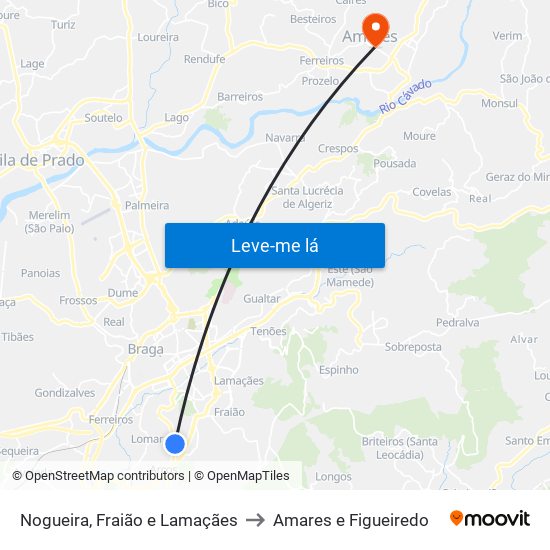 Nogueira, Fraião e Lamaçães to Amares e Figueiredo map
