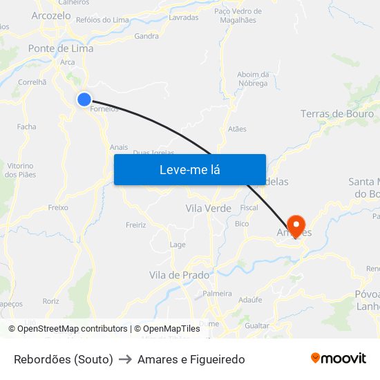 Rebordões (Souto) to Amares e Figueiredo map