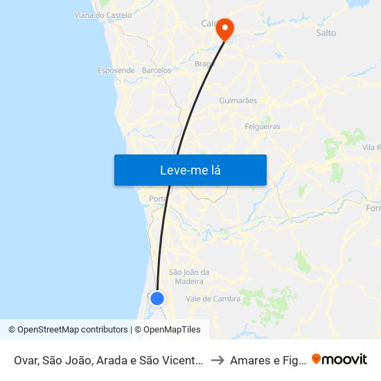 Ovar, São João, Arada e São Vicente de Pereira Jusã to Amares e Figueiredo map