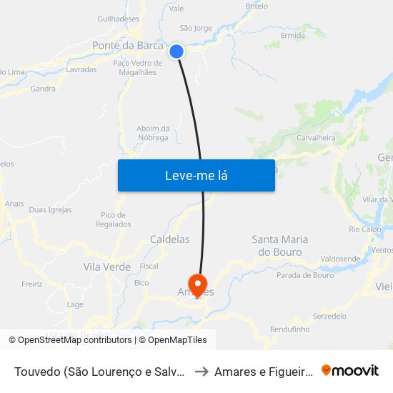 Touvedo (São Lourenço e Salvador) to Amares e Figueiredo map