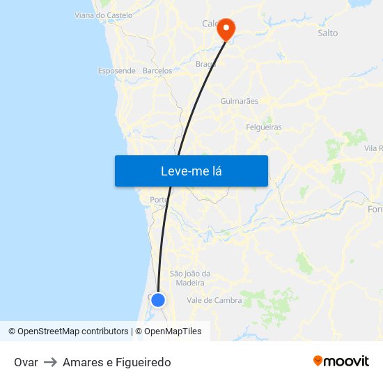 Ovar to Amares e Figueiredo map