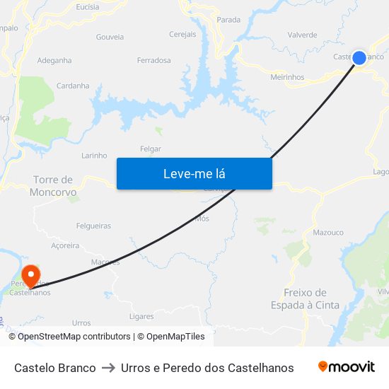 Castelo Branco to Urros e Peredo dos Castelhanos map