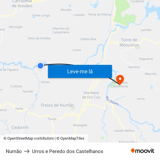 Numão to Urros e Peredo dos Castelhanos map