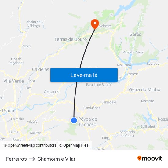 Ferreiros to Chamoim e Vilar map