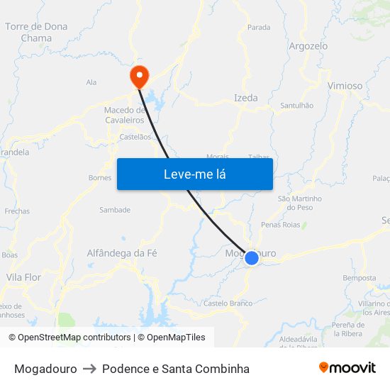 Mogadouro to Podence e Santa Combinha map