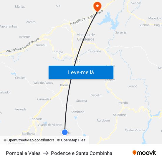 Pombal e Vales to Podence e Santa Combinha map