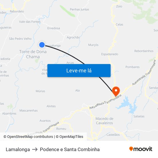 Lamalonga to Podence e Santa Combinha map